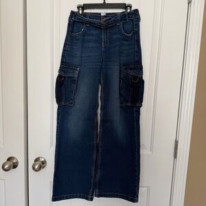 Y2K Limited Too Wide Leg Cargo Jeans Girls 14 Denim Pants Dark Wash Belt Pockets